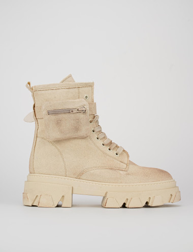 Botas militares tacón 2 cm beis tejido