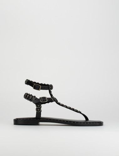 Sandalias de dedo tacón 1 cm negro cuero