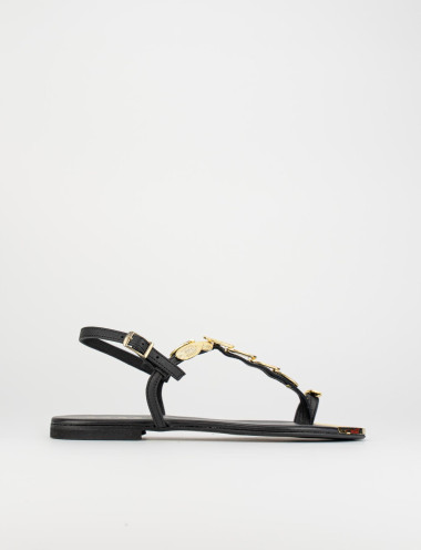 Sandalias de tacón bajo tacón 1 cm negro cuero