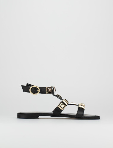 Sandalias de tacón bajo tacón 1 cm negro cuero