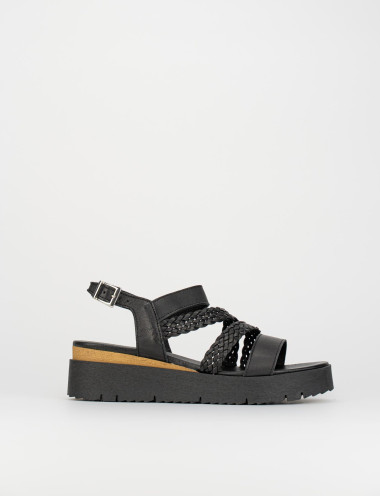 Sandalias de tacón bajo tacón 1 cm negro cuero