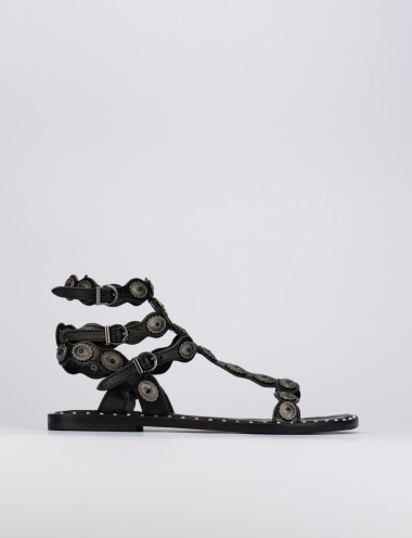 Sandalias de tacón bajo tacón 1 cm negro cuero