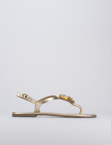 Sandalias de dedo tacón 1 cm oro cuero