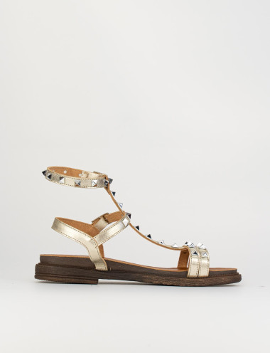 Sandalias de tacón bajo tacón 1 cm oro cuero