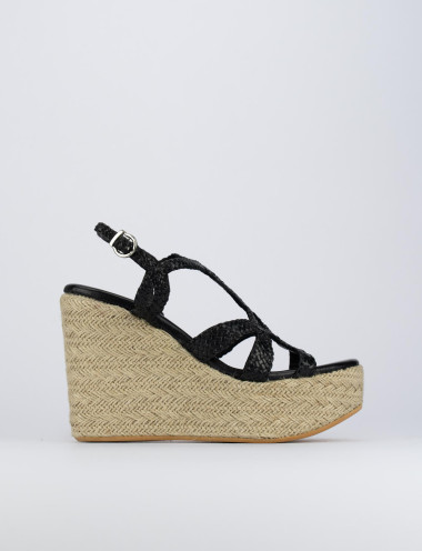 Sandalias de cuña tacón 6 cm negro cuero