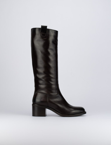 Botas de tacón alto tacón 5 cm marrón oscuro cuero