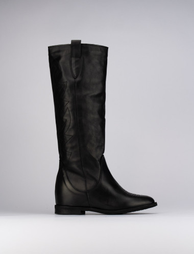 Botas de tacón bajo tacón 1 cm negro cuero