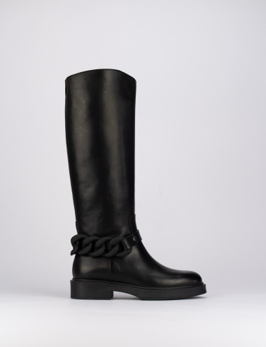 Botas de tacón bajo tacón 1 cm negro cuero