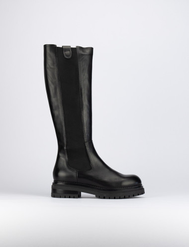Botas de tacón bajo tacón 1 cm negro cuero