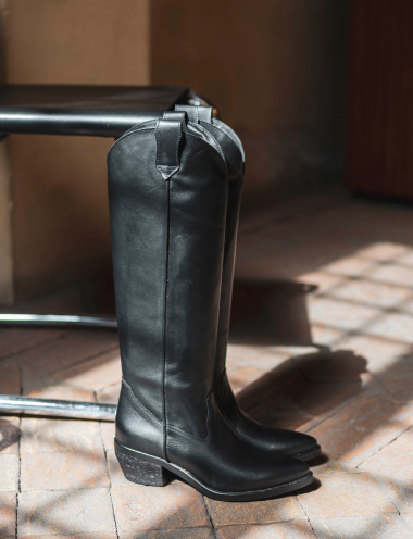 Botas de tacón alto tacón 7 cm negro cuero