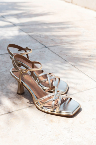 Sandalias de tacón alto tacón 6 cm oro cuero
