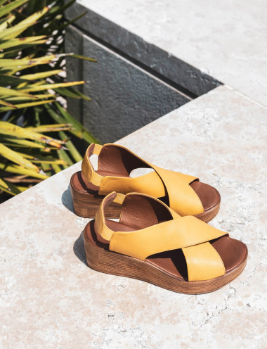 Sandali zeppa tacco 6cm pelle giallo