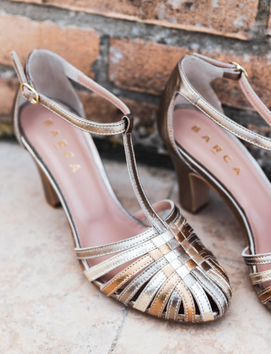Sandalias de tacón alto tacón 5 cm oro cuero