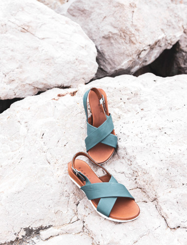Sandalias de cuña tacón 3 cm turquesa cuero