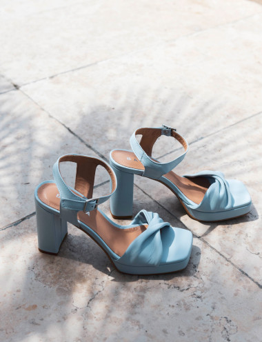 High heel sandals heel 9 cm light blue leather
