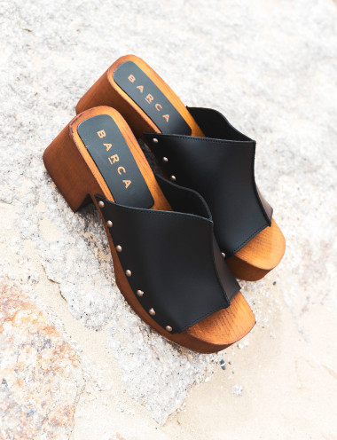 Mules tacón 5 cm negro cuero