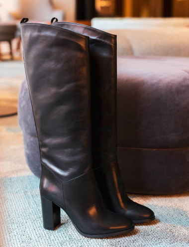 Botas de tacón alto tacón 8 cm negro cuero
