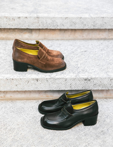 Mocasines tacón 4 cm marrón oscuro ante