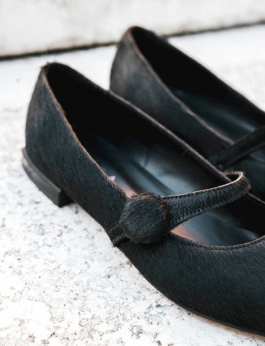 Bailarinas tacón 1 cm negro cuero de vaca con pelo