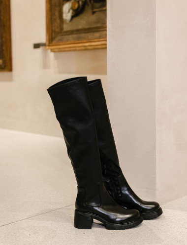 Botas de tacón alto tacón 6 cm negro cuero