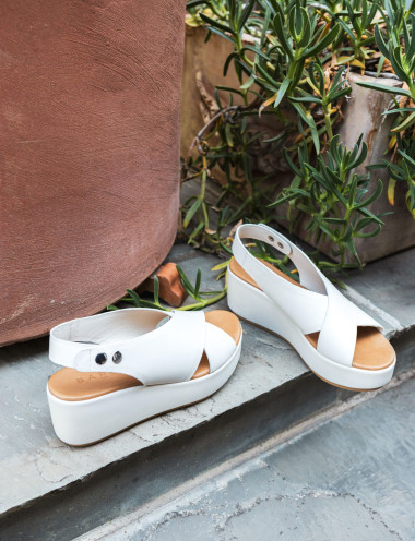 Sandalias de cuña tacón 7 cm blanco cuero