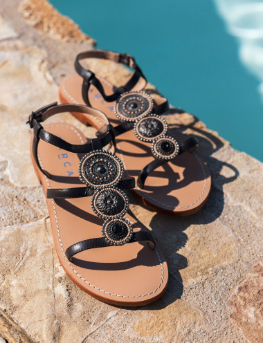 Sandalias de tacón bajo tacón 1 cm marrón oscuro cuero