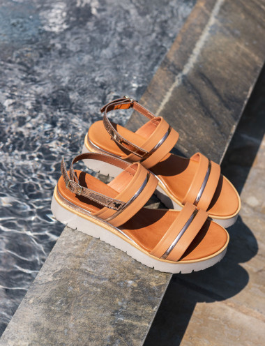 Sandalias de tacón bajo tacón 3 cm marrón cuero