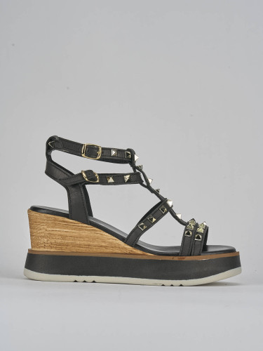 Sandalias de cuña tacón 8 cm negro cuero