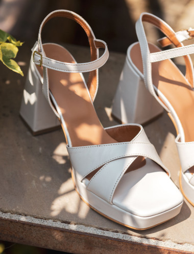 Sandalias de tacón alto tacón 8 cm blanco cuero