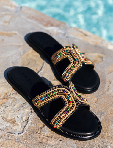 Mules tacón 1 cm negro cuero