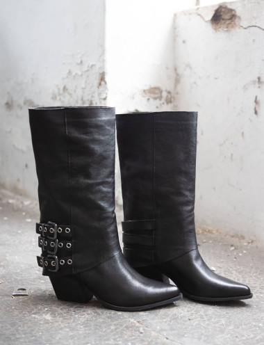 Botas de tacón alto tacón 7 cm negro cuero