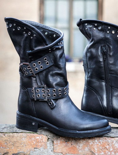 Botines de tacón bajo tacón 3 cm negro cuero