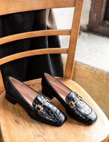 Mocasines tacón 3 cm negro efecto coco