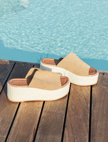 Ciabatte tacco 7cm camoscio beige