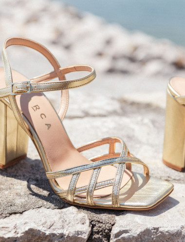 Sandalias de tacón alto tacón 9 cm oro cuero