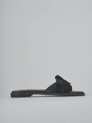 Mules tacón 1 cm negro cuero de vaca con pelo
