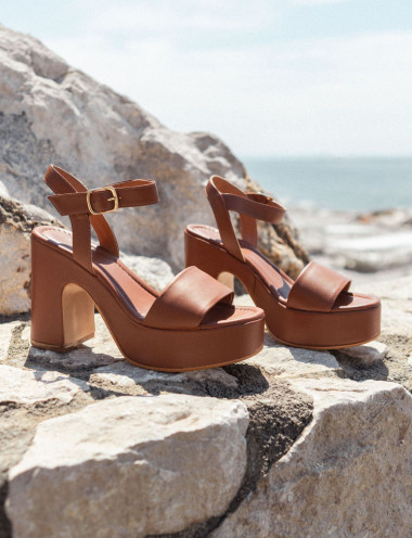 Sandalias de tacón alto tacón 9 cm marrón cuero