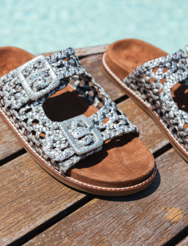 Mules tacón 1 cm plata cuero