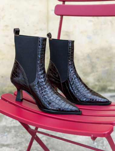 Botines de tacón alto tacón 5 cm marrón oscuro efecto coco