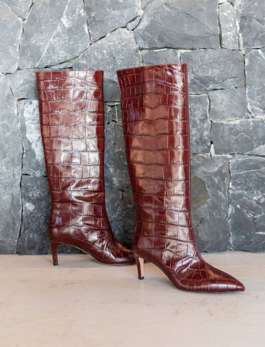 Botas de tacón alto tacón 7 cm burdeos efecto coco