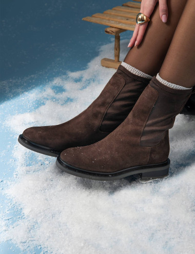Botines de tacón bajo tacón 3 cm marrón oscuro ante