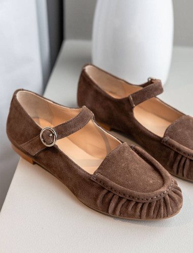 Flat shoes heel 1 cm dark brown suede