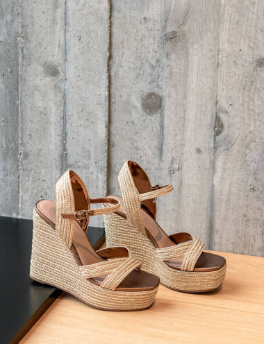Wedge heels heel 13 cm bronze fabric