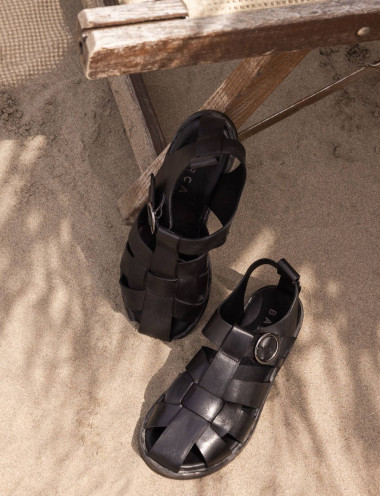 Sandalias de tacón bajo tacón 1 cm negro cuero