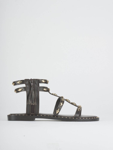 Sandalias de tacón bajo tacón 1 cm marrón oscuro cuero