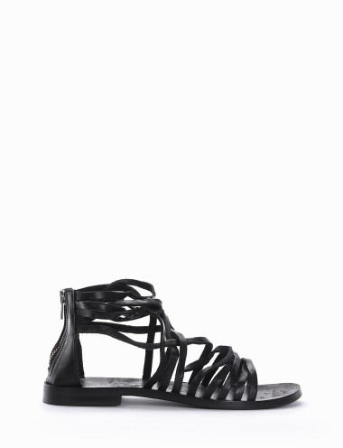 Sandalias de tacón bajo tacón 1 cm negro cuero