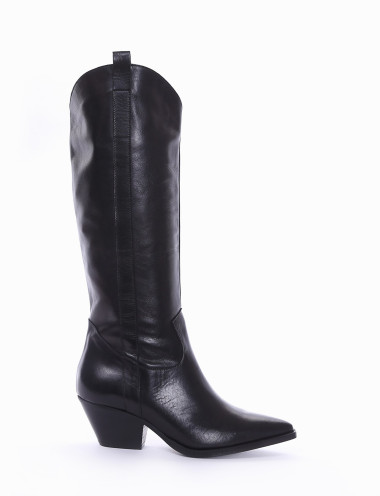 Botas de tacón alto tacón 5 cm negro cuero