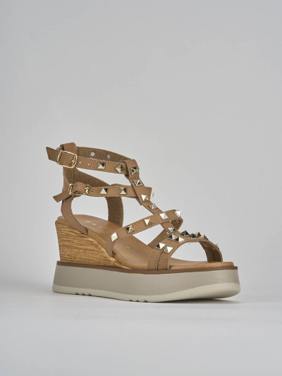 Sandali zeppa tacco 8cm pelle marrone