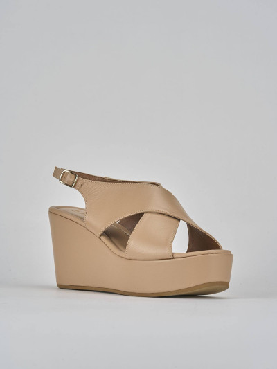 Sandali zeppa tacco 8cm pelle marrone