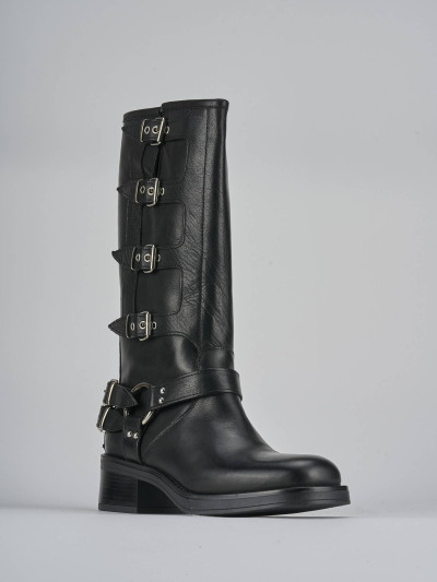 Stivale biker tacco 5 cm nero pelle